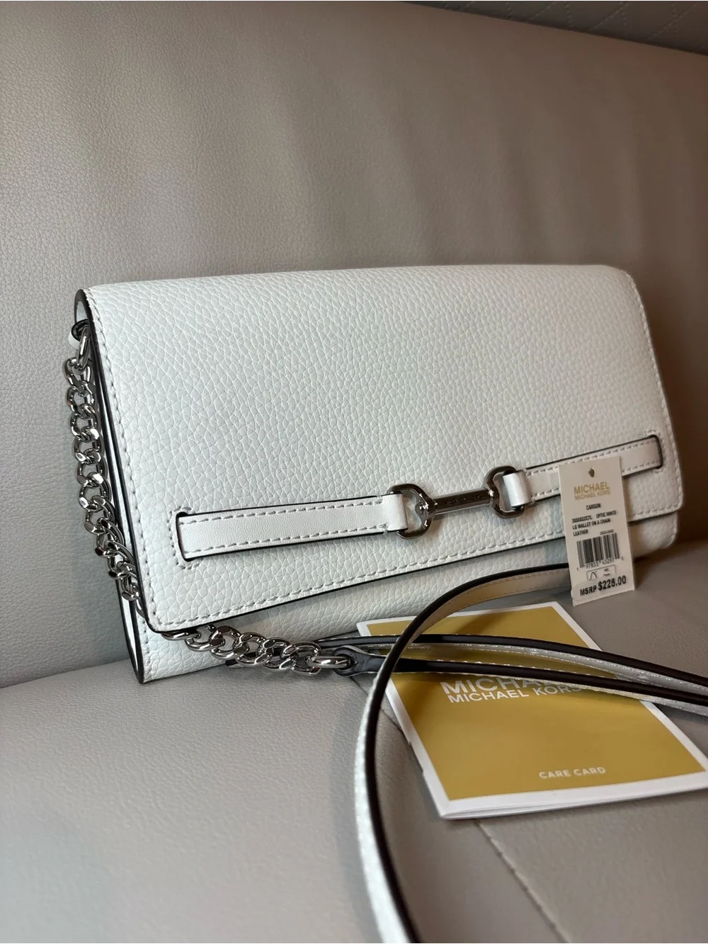 MICHAEL Michael Kors Optic White Leather Crossbody Clutch with Silver Chain
